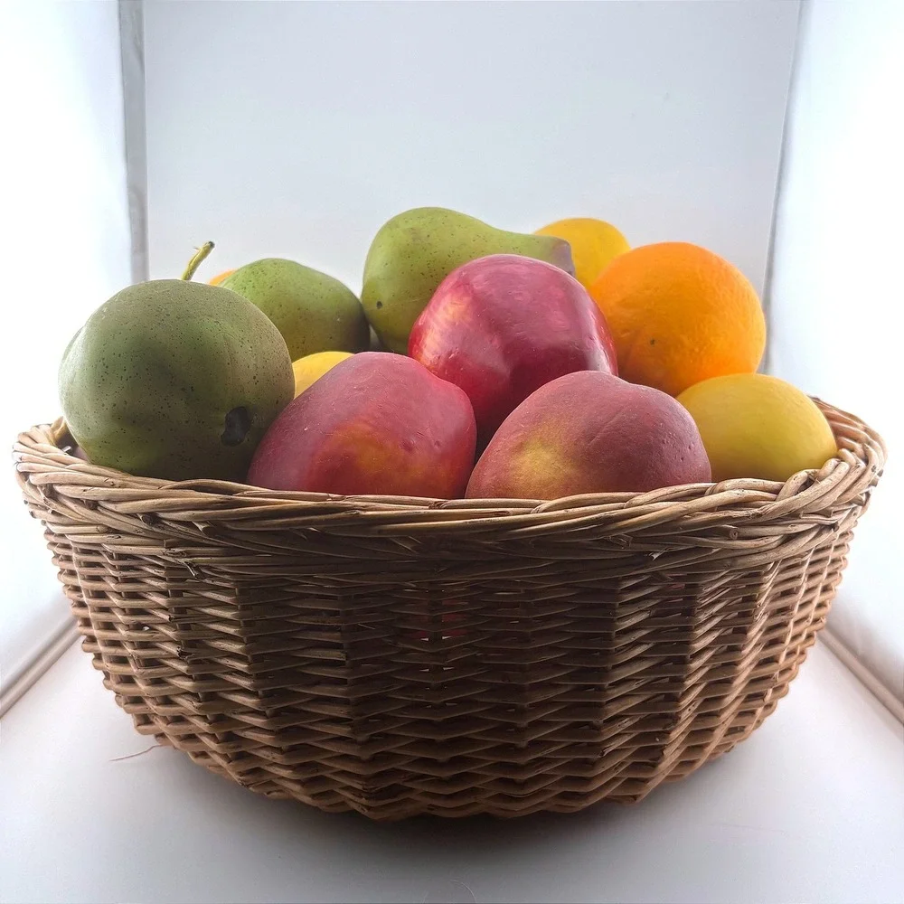 Vintage Style Realistic Faux Fruit Assortment in Woven Wicker Basket Centerpiece